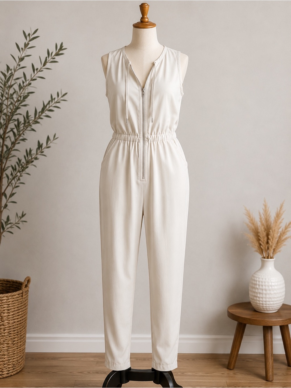 Trina Turk Cream Sleeveless Zip-Front Jumpsuit Drawstring